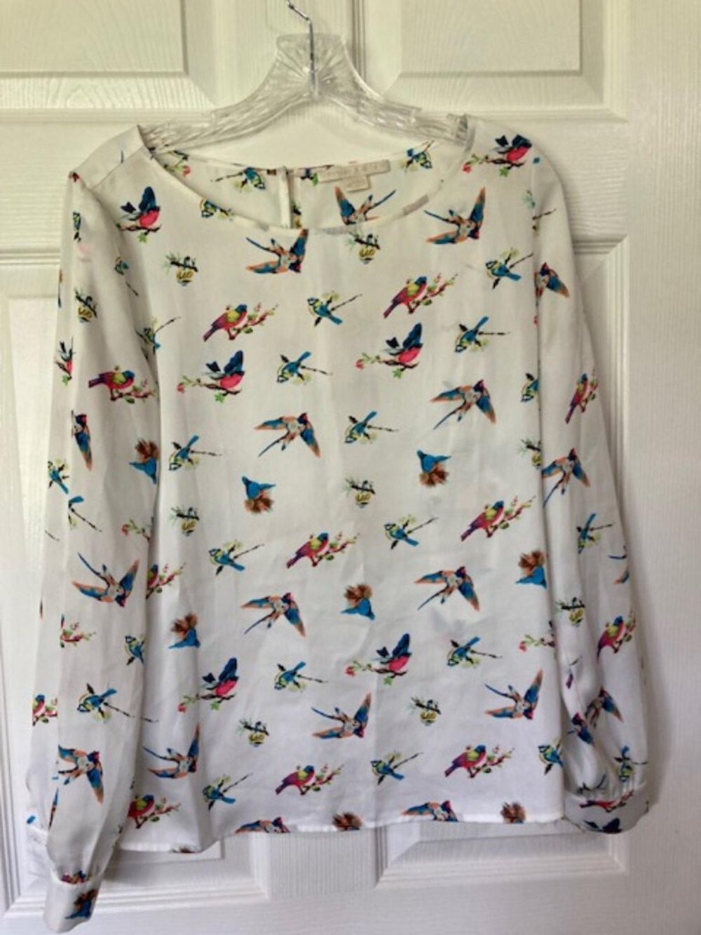 Cooper & Ella Swallow Print Long Sleeve Blouse Off White Size M Birds Feminine